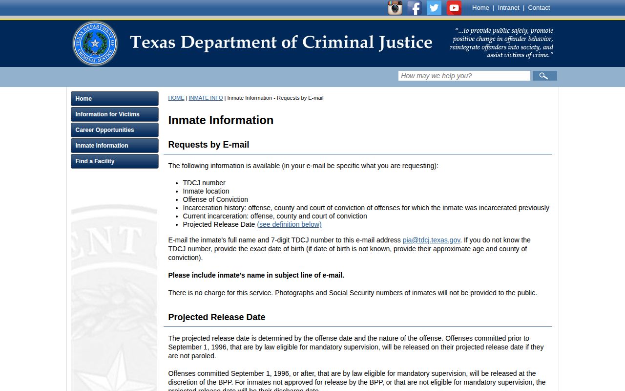 Hamilton County projected release date TDCJ email information fields