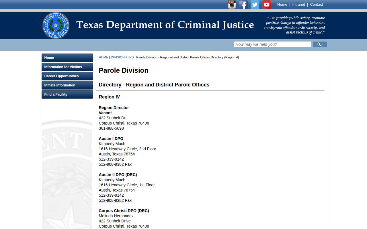 Hamilton County parole release supervision Temple District Parole Office directory